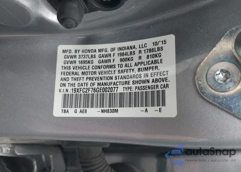 2016 Honda Civic Ex z USA, uszkodzony, nr VIN 19XFC2F76GE002077